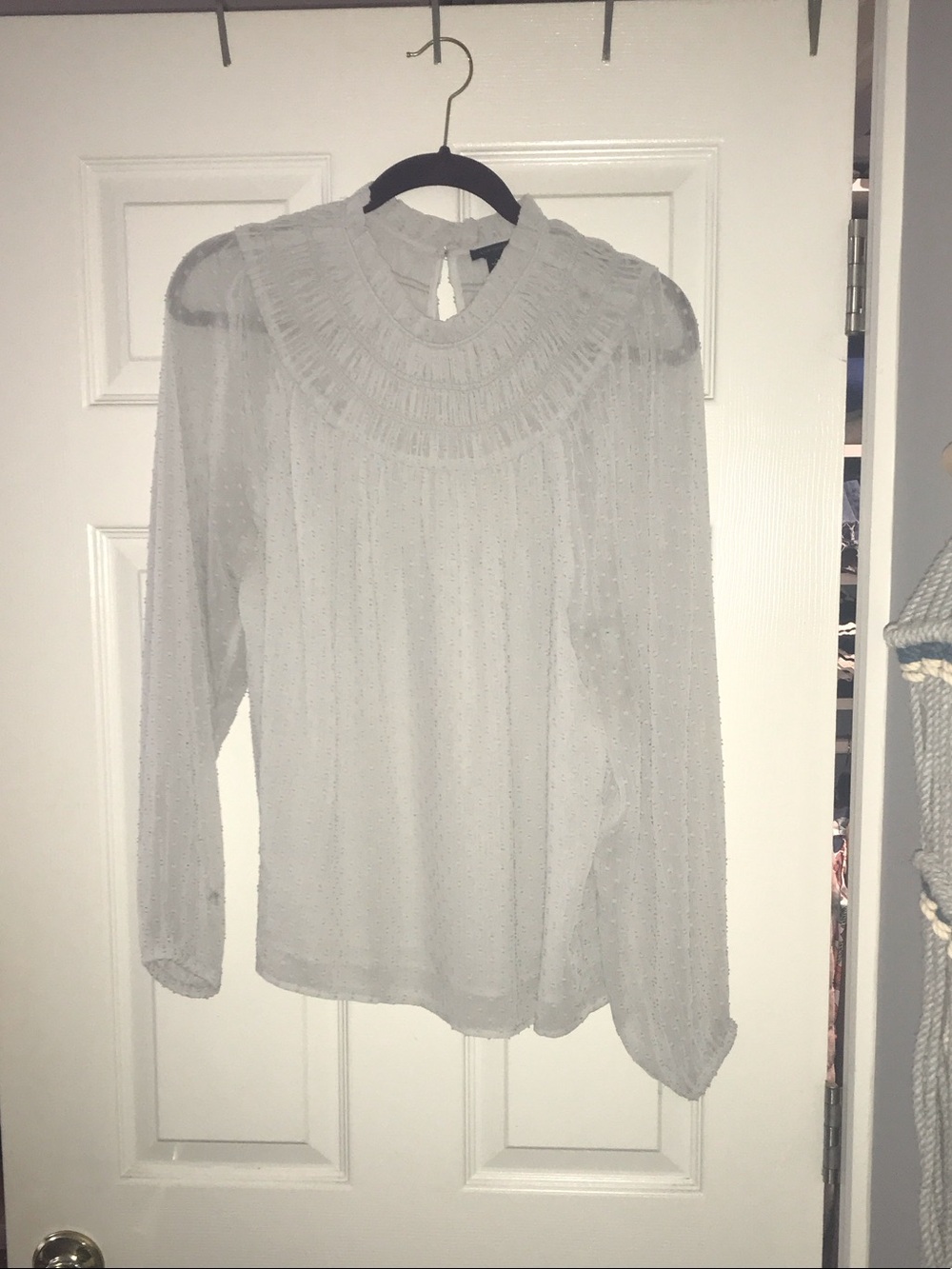 Ann Taylor White Dotted Ruffled Yoke Blouse